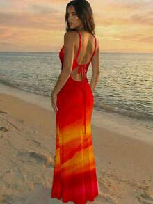 Aloruh 女士吊带系带修身日落橙色渐变印花连衣裙 - 夏季海滩度假装、春假装、热带岛屿婚礼装、周年纪念装、伴娘派对装、约会之夜装、性感婚礼装 - 彩色 - 查看 8