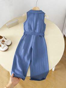 Elladie kids Bộ áo liền quần cho bé gái, kiểu dáng thường ngày, đa năng, có cổ áo, cài cúc phía trước, thắt lưng, chất liệu giả denim mềm mại, thích hợp cho mùa thu, dã ngoại, đi chơi, phối đồ, mặc hàng ngày. - Màu xanh lam - Xem 2