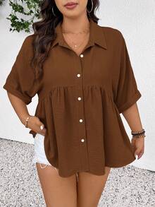 SHEIN Frenchy Women Plus Size Front Open Textured Short Sleeve Blouse,Chocolate Brown,Autumn,Boho,Vacation,Holiday Comfortable Casual Summer Elegant Spring Tops - Maroon - View 5