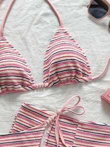 Bonvoyette Bộ đồ bơi 3 món dành cho nữ: Áo bikini buộc cổ bằng vải kẻ sọc có họa tiết, quần bikini cạp thấp và túi đựng. Đồ bơi nữ thời trang, thoải mái, phù hợp cho kỳ nghỉ, ngọt ngào, dễ thương và gợi cảm. - Hồng - Xem 4