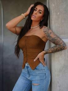 SAYEHFBABY Top sin tirantes de ajuste delgado con botones delanteros y textura de unicolor para mujeres, moderno y adecuado para el verano - Marrón - Ver 1