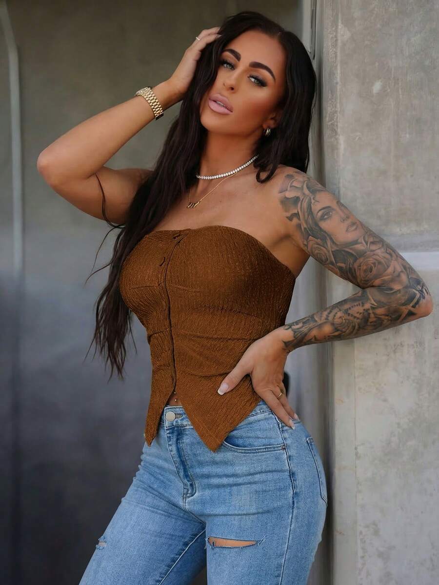SAYEHFBABY Top sin tirantes de ajuste delgado con botones delanteros y textura de unicolor para mujeres, moderno y adecuado para el verano - Marrón - Ver 1