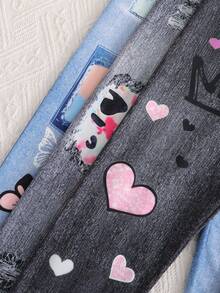 3pcs Girls' Casual Cute Graffiti Leopard, Butterfly, Cat Print Faux Denim Look Leggings - Multicolor - View 4