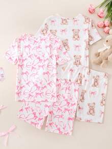 4-Piece Tween Girls Cute Teddy Bear Print Pajamas Set,Pink And White Summer Sleep Loungewear,Short Sleeve Shorts Snug Fit Soft Knit Sleepwear - Multicolor - View 2