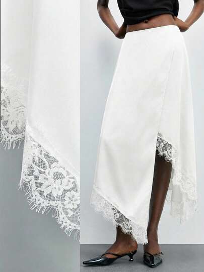 Maija Women's Elegant Minimalist Solid Color Contrast Lace Asymmetric Hem Skirt, Summer