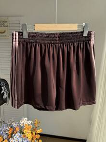 Comfortcana 大码休闲复古运动风条纹编织短裤 - 棕色 - 查看 2