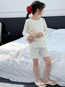 DAZY Tween Girl Ditsy Floral Long Sleeve Top And Shorts Pajama Set - Beige - View 5