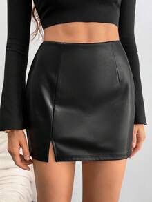 SHEIN Tall 女士纯色褶裥侧开衩PU皮紧身迷你裙开衩大腿裙仿皮裙黑色皮裙紧身裙 - 黑色 - 查看 5