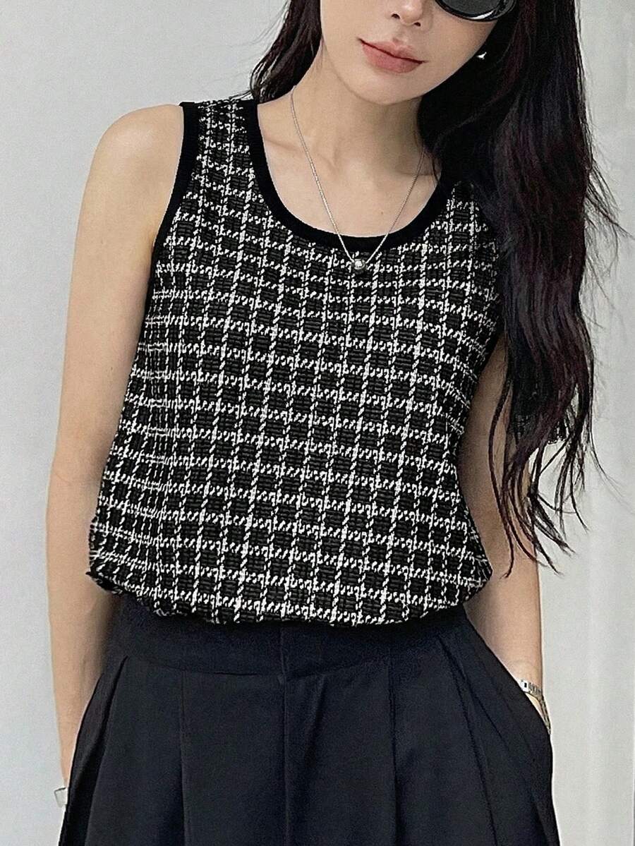 DAZY 女士格子休闲百搭日常穿搭T恤 - 黑色 - 查看 1
