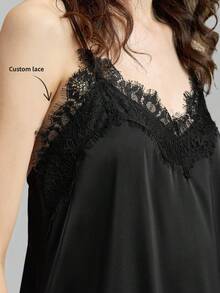 Ontre 蕾丝女士黑色缎面弹力面料舒适不对称下摆吊带长款上衣，现代都市休闲商务时尚办公室着装，复古邮轮婚礼宾客礼服，圣诞节晚宴新年节日派对氛围。 - 黑色 - 查看 3