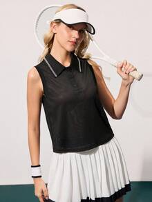 CourtClass Women's Breathable Collared Sleeveless Sports Polo Shirt, Summer - Black - View 4