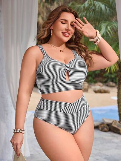 Swim Lushoire Bộ đồ bơi 2 mảnh dành cho nữ cỡ lớn, họa tiết sọc đen trắng, thích hợp cho kỳ nghỉ hè.