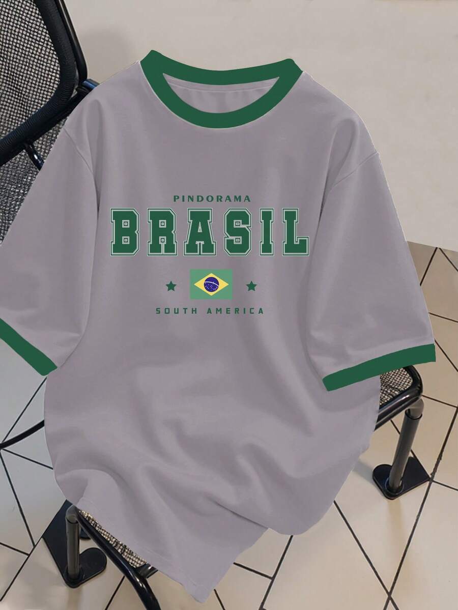 Manfinity Campus Court Manfinity Hypemode 男士拼接T恤，绿色和黄色巴西足球运动元素及字母印花图案，撞色拼接短袖 - 灰色 - 查看 1