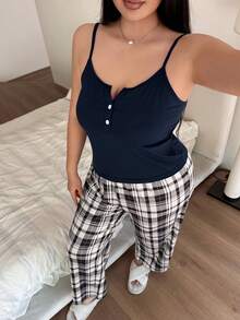 SHEIN Plaid Print V-Neck Button-Up Design Camisole & Pants Pajama Set, Plus Size - Navy Blue - View 4