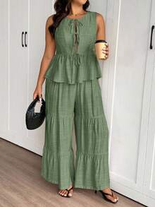 SHEIN Frenchy Plus Size Summer Casual Boho Brown 2 Pieces Set Women Multi-Layer Ruffle Patchwork Top+Pants Versatile Holiday Beach Gym Vacation Daily Wear Outfit - Green - View 1