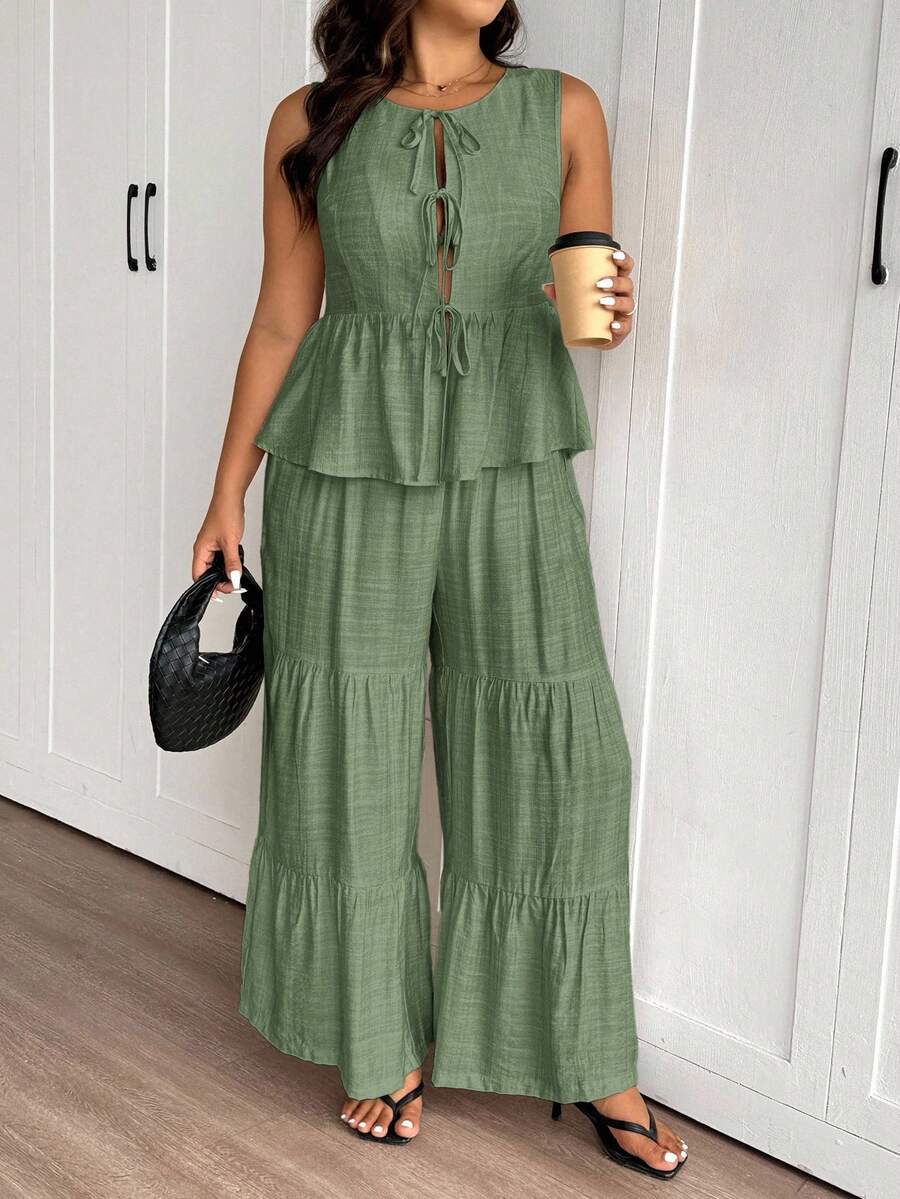 SHEIN Frenchy Plus Size Summer Casual Boho Brown 2 Pieces Set Women Multi-Layer Ruffle Patchwork Top+Pants Versatile Holiday Beach Gym Vacation Daily Wear Outfit - Green - View 1