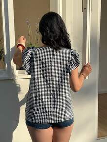 Sunnyshic Plus Size Women's Black And White Notch Neck Vintage Plaid Embroidered Blouse,Flutter Sleeve Design,Summer Casual Picnic Beach Shirt, Vacation - Multicolor - View 2