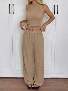 SHEIN EZwear 女士针织纹理吊带上衣和裤子休闲度假套装 - 卡其色 - 查看 4