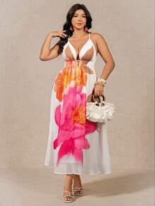 SHEIN LUNE Vestido de columpio con escote en V y espalda descubierta para mujer de talla grande, adecuado para vacaciones ligeras, salidas a la playa, diseño que afina la cintura - Blanco - Ver 9