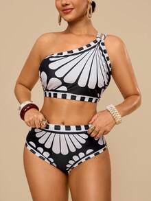 Travachic Plus Size Tropical Print Hollow-Out Detail Halter Bikini Set, Casual Beach Vacation Summer Plus Size Bathing Suits Women - Black - View 6