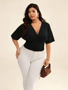 Auralis Plus Size Solid Color Minimalist V-Neck Short Sleeve T-Shirt, Casual Everyday Wear - Navy Blue - View 5