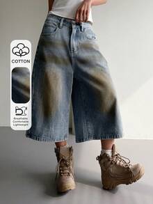 DAZY Western Cowgirl Distressed Washed Loose Straight Capri Jeans Casual Shorts For Women, Spring/Summer Jorts - Blue - View 1