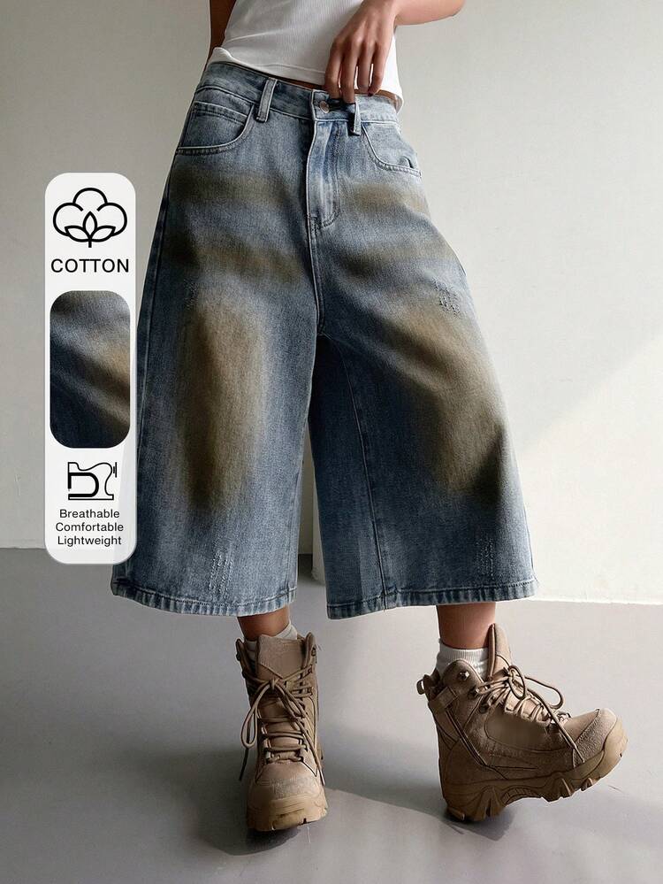 Western Cowgirl Distressed Washed Loose Straight Capri Jeans Casual Shorts For Women, Spring/Summer Jorts