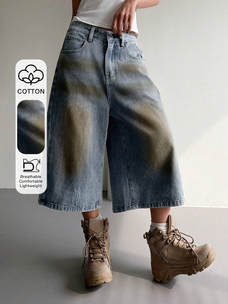 DAZY Western Cowgirl Distressed Washed Loose Straight Capri Jeans Casual Shorts For Women, Spring/Summer Jorts - Blue - View 1
