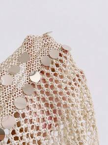 Soleia Áo hai dây dệt kim cổ buộc dây, phối sequin, tua rua, viền tua rua, gợi cảm dành cho nữ, thích hợp cho kỳ nghỉ biển. - Màu be - Xem 6