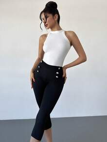 Rafferiza Quần legging lửng ôm sát, cạp cao, 3 nút, xếp ly, kiểu dáng Y2K mới dành cho nữ - Quần skinny đen co giãn, ôm sát, nâng mông. - màu đen - Xem 7