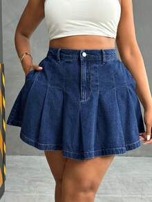 Slaydiva Plus Size Summer Casual Pleated Denim Skirt - Dark Wash - View 1