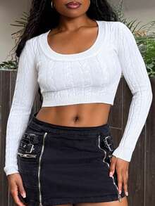 Tyla Gomez Áo len cổ tròn trơn, áo dài tay cho mùa thu/đông - trắng - Xem 5