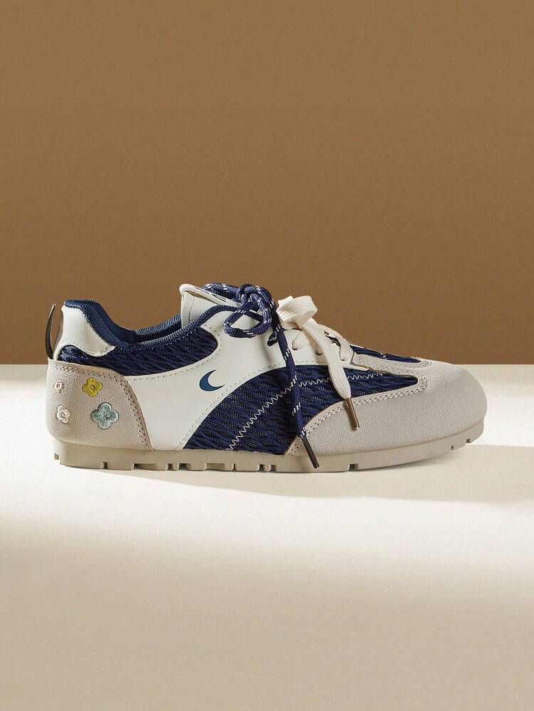 CUCCOO EASI Women's Shoes Color Matching Design Lace-Up Round Toe Flat Bottom Casual Sports Shoes Casual Style PU Leather Blue Gray Casual Sports Shoes Daily Outdoor Leisure College