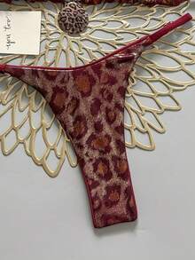 SHEIN Swim Vcay 两件套豹纹印花贝壳装饰吊带三角文胸和褶皱比基尼泳衣套装，性感女士夏季度假 - 酒紅色 - 查看 5