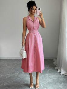 Elenzga 女士优雅休闲通勤条纹连衣裙 - 紅色 - 查看 7