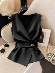 Ellegaria. Áo kiểu nữ không tay cổ chữ V, thắt eo, chất liệu satin, thích hợp cho đi làm hàng ngày, công sở, dự tiệc, sự kiện buổi tối, hẹn hò và các dịp khác. - màu đen - Xem 3