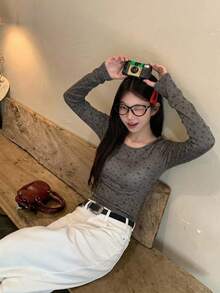 DAZY Kaos Lengan Panjang Kasual Gaya Korea Bergaris Leher Bulat untuk Wanita, Cocok untuk Musim Semi dan Musim Gugur - Grey - View 4