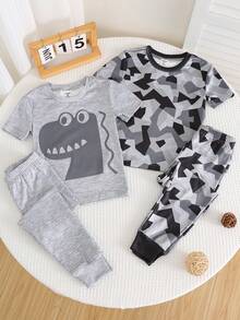 Bộ đồ mặc nhà 4 món cho bé trai, gồm áo thun cổ tròn và quần ôm sát in hình khủng long hoạt hình, kiểu dáng thường ngày. - Xám - Xem 3
