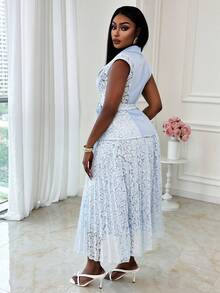 Xyvia Conjunto de traje elegante y sofisticado para mujer con blazer ajustado con encaje en contraste y falda plisada - Azul - Ver 2