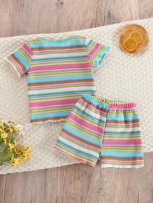 SHEIN Playful Pals 女嬰粉色條紋夏季2件式針織套裝，可愛刺繡花卉短袖T恤與短褲，適合度假、休閒、戶外、派對穿著 - 彩色 - 查看 2