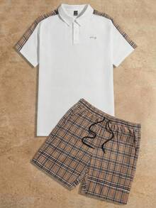 HIMLAND Men's Casual Commuting Sports 2 Pieces Polo Suit Black White Short Set Men Men 2 Piece Set Men Two Piece Casual Short Sets Men Short Sets Men Summer Sets - Multicolor - View 1