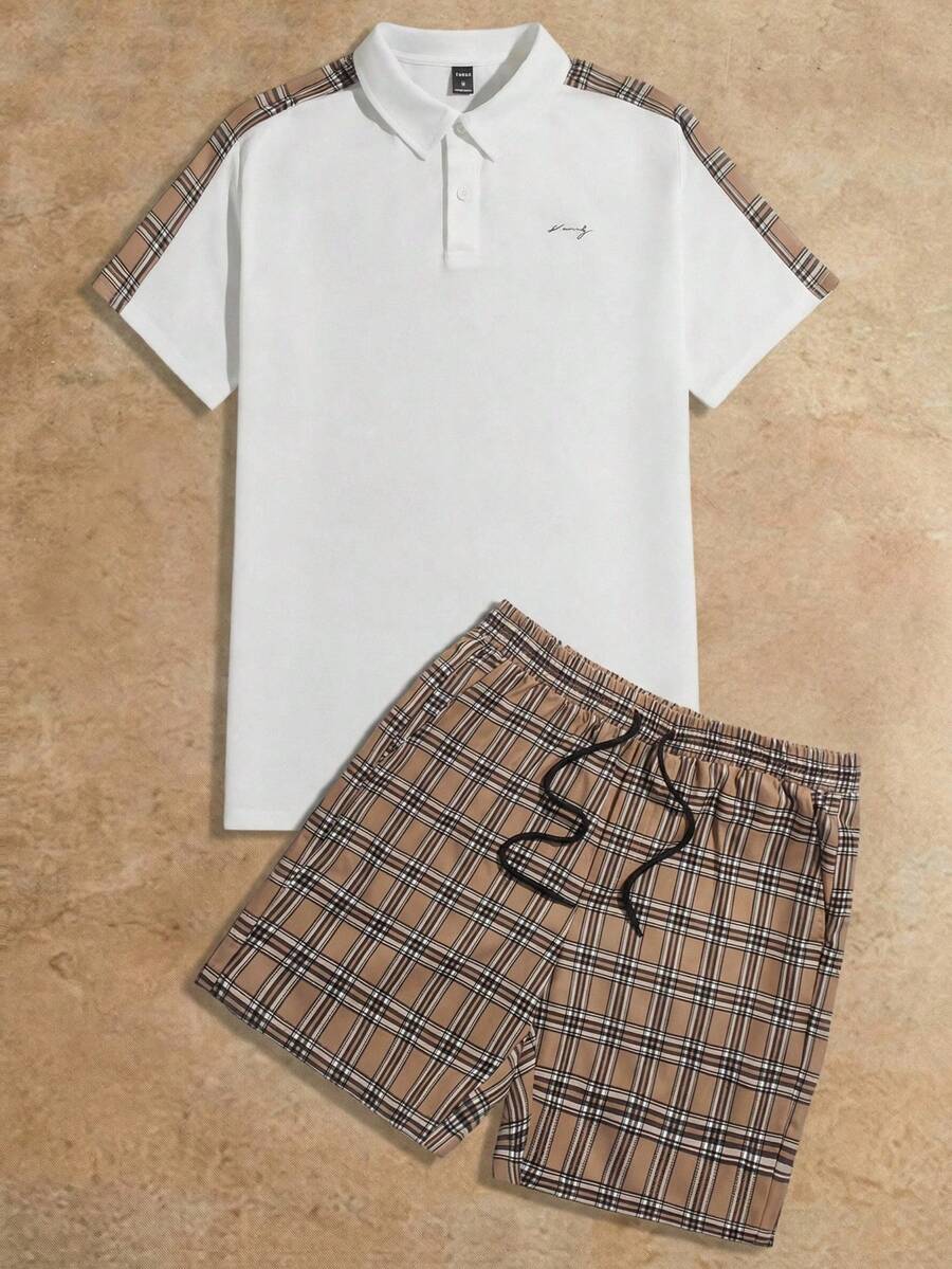 HIMLAND Men's Casual Commuting Sports 2 Pieces Polo Suit Black White Short Set Men Men 2 Piece Set Men Two Piece Casual Short Sets Men Short Sets Men Summer Sets - Multicolor - View 1