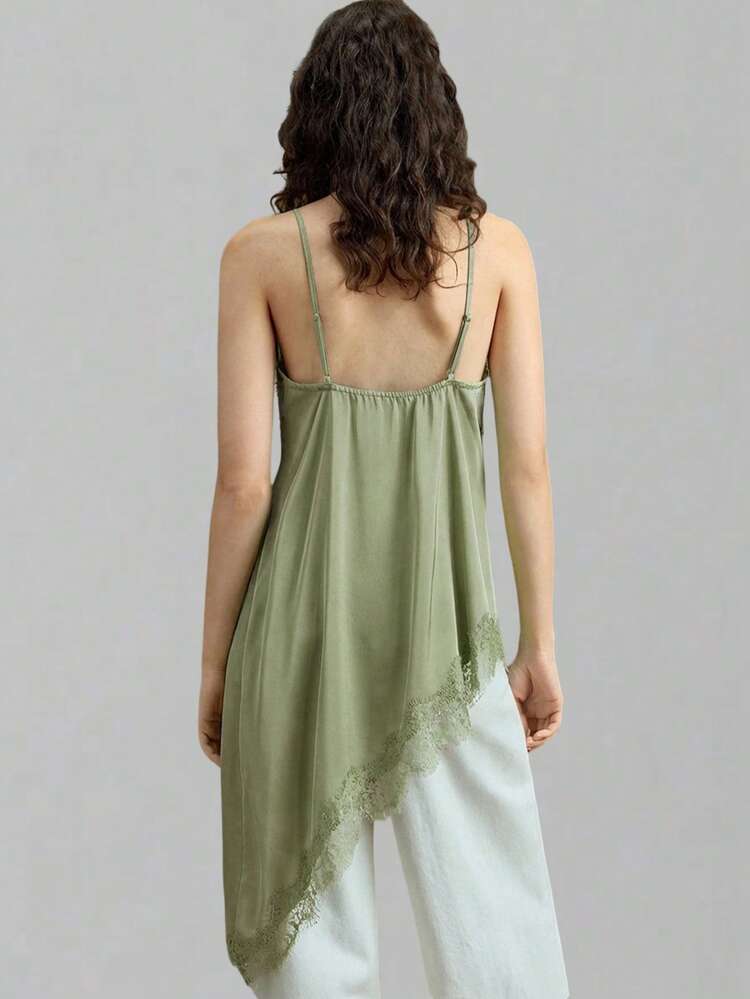 2026 Women's Satin-Faced Crepe Fabric Comfortable Soft Spaghetti Strap Long Top, Fitted Silhouette, Lace Trim Accent, Asymmetric Hemline Design, Modern Urban Casual Business Chic Office Wear, Low-Key Elegant Vibe, High-Quality Airport Fashion All Season Modern Urban Casual Fashion Business Casual Women's Office Wear Low-Key Old Money Style Effortless Temperament High-End Urban Commuting High-Quality Airport Women's Wear High-End Material Light Green Top Green Summer Top Sage Green Top