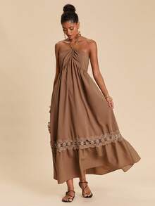 Travachic 1pc Women's Spring/Summer Vacation Sexy Textured Fabric Halter Neck Tie Waist Ruffle Hem Midi Dress - Coffee - View 2