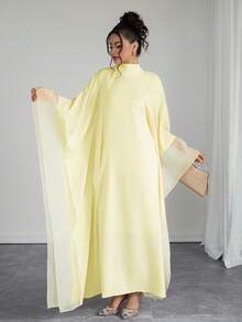 SHEIN Raffinéa Women's Solid Color Stand Collar Mesh Casual Party Dress - Light Yellow - View 3
