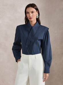 Briarwyn Camisa de mujer de manga larga a rayas con cuello asimétrico, elegante para el verano - Azul - Ver 2