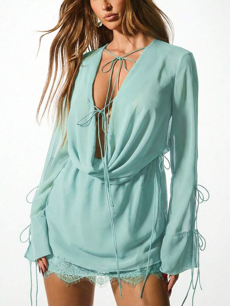 KIZN Sage Chiffon Cowl Neck Mini Dress With Lace