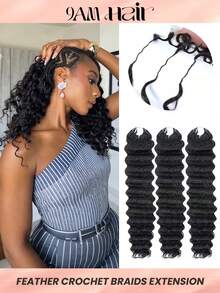 Boho Braids 1 Tóc giả móc sợi màu đen tự nhiên sóng sâu, tóc thật Remy, kiểu sợi lông vũ, tóc bện móc sợi mượt mà, không đường nối, vô hình, không nút thắt, đã được tách sẵn, dài 18-24 inch, 50g - SNatural - Xem 15