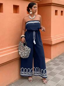 SHEIN LUNE Jumpsuit Wanita Ukuran Besar Tanpa Tali dengan Ikat Pinggang, Motif Cetak, Cocok untuk Liburan dan Pakaian Sehari-hari, Musim Semi/Panas - Navy Blue - View 3