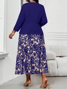 SHEIN Lady Bộ 2 váy midi họa tiết gợn sóng đơn giản cổ tròn có thắt lưng dành cho ngày lễ cỡ lớn dành cho nữ trang phục đi chơi hai mảnh - Màu xanh hải quân - Xem 2
